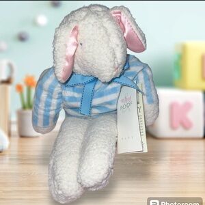 Rare Woof & Poof Stuffed Plush Baby Lamb Sheep Blue White Striped Shirt Bow